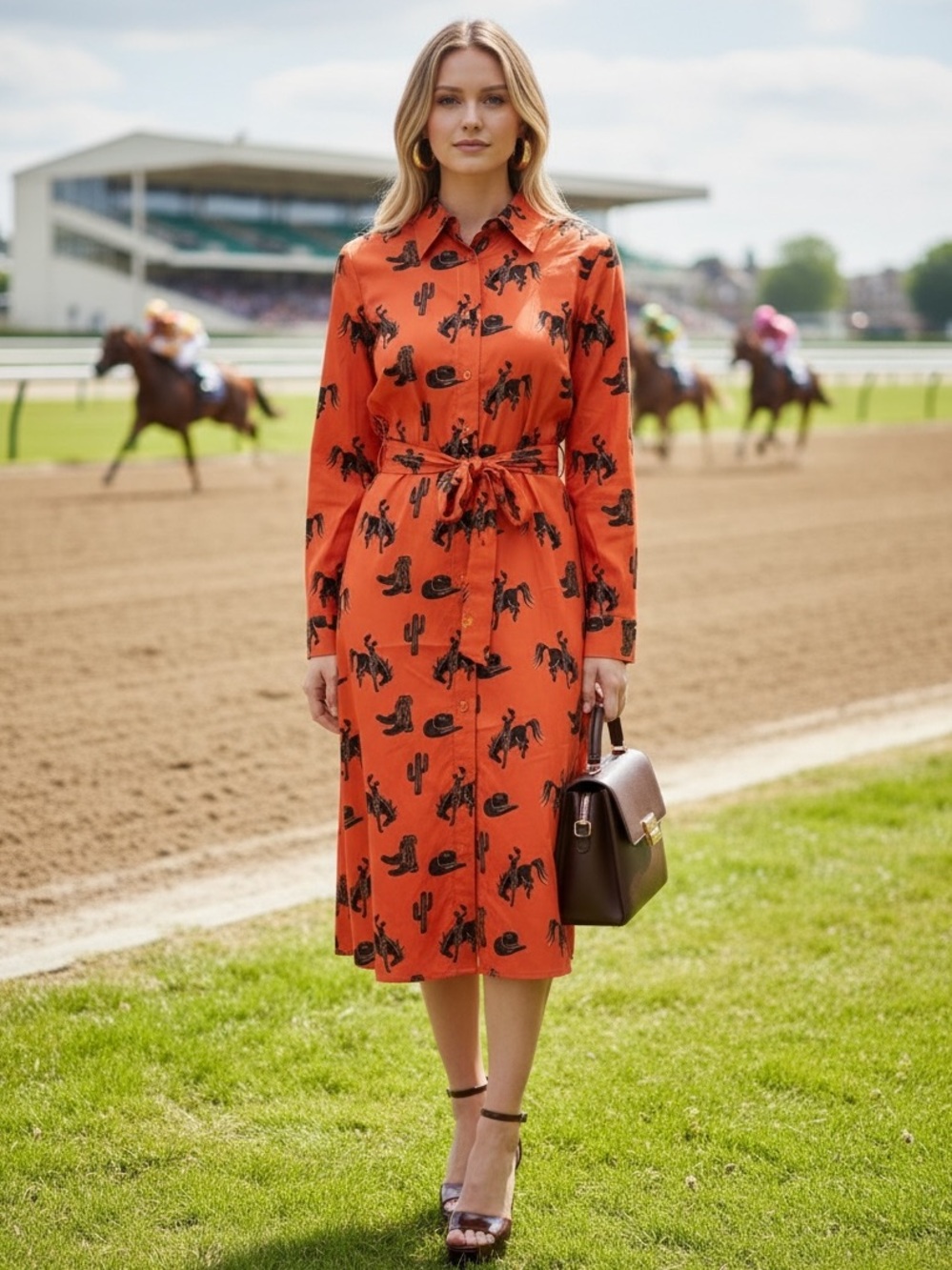 NEW blue b Orange & Brown Equestrian Western Print Button Down Midi Shirt Dress - Picture 1 of 5